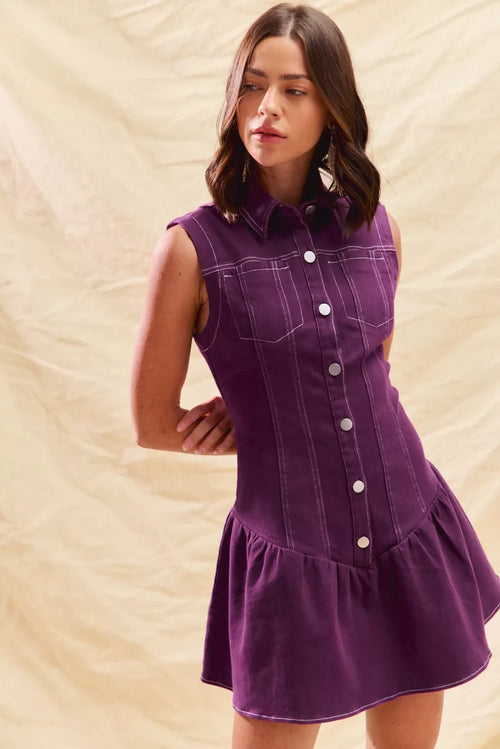 Button Down Sleeveless Collared Game Day Mini Dress in Purple for Women