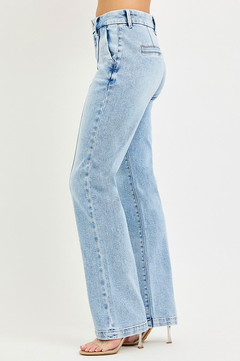 Tummy Control High Rise Straight Pin Tuck Jeans in Light for Women