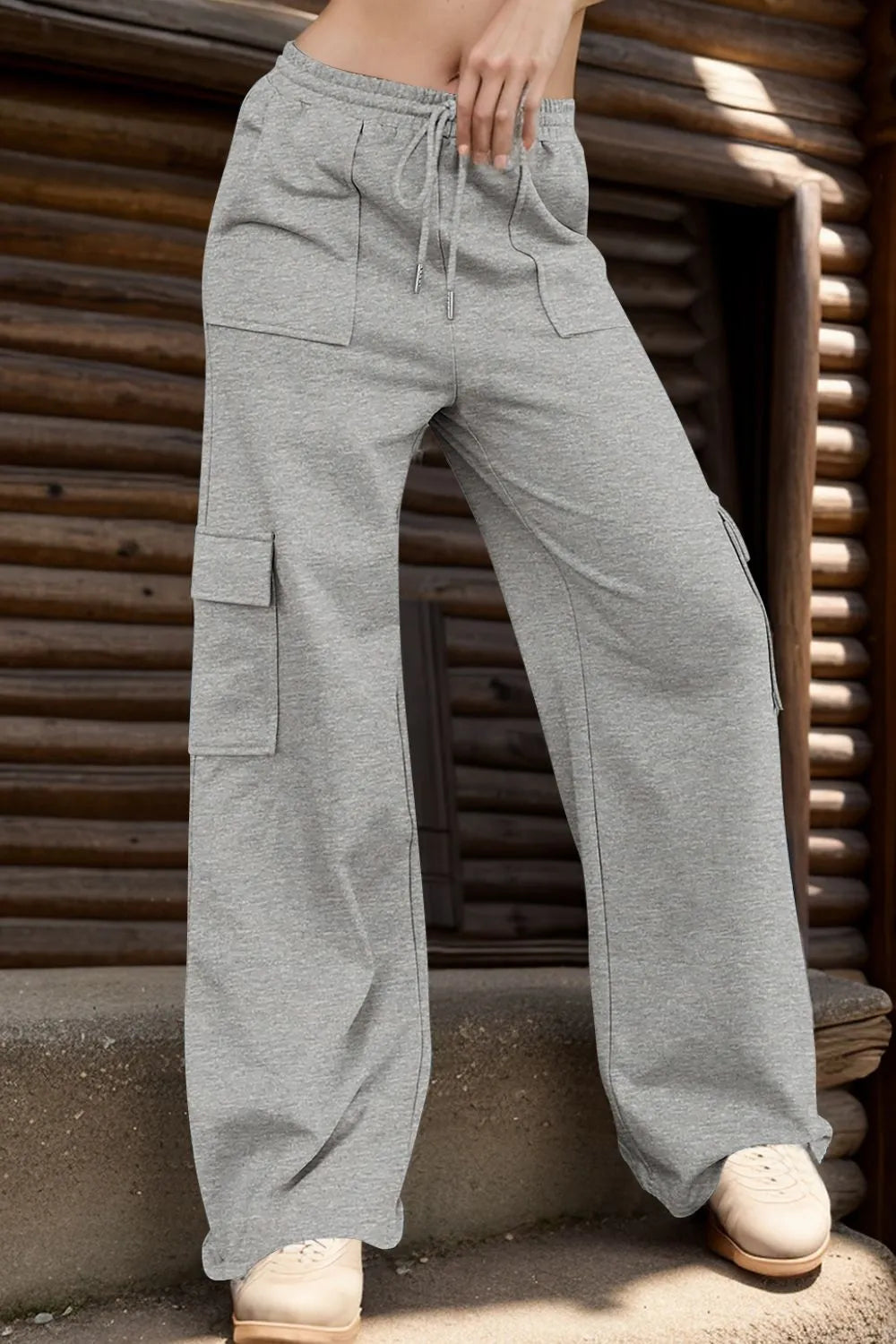 Drawstring Active Pants with Pockets in Gray for Women