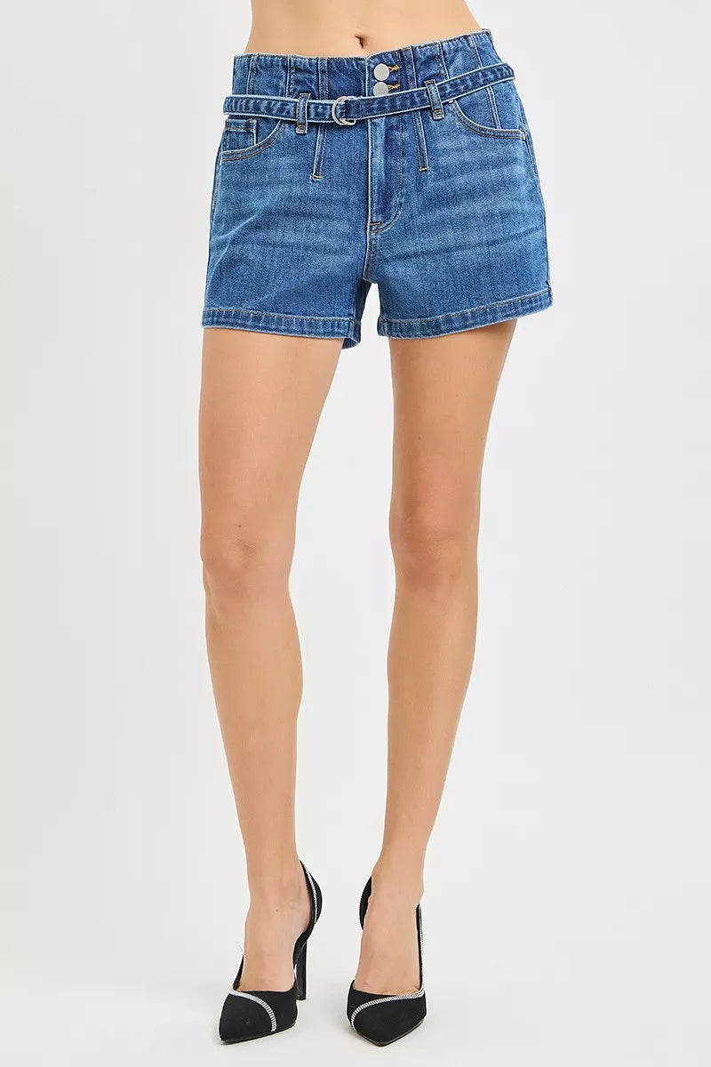 Double Button Slouchy Denim Shorts with Belt in Dark for Women