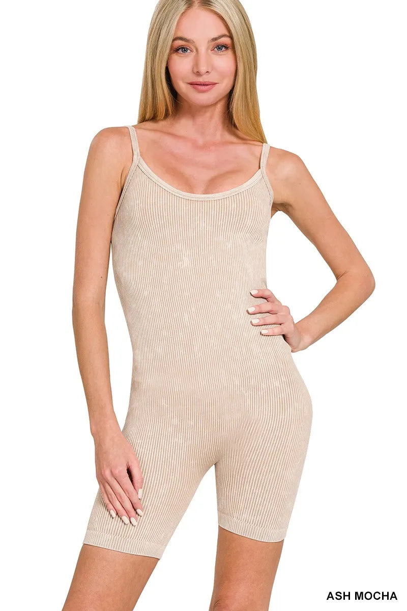 Stone Washed Ribbed Seamless Romper in Mocha for Women
