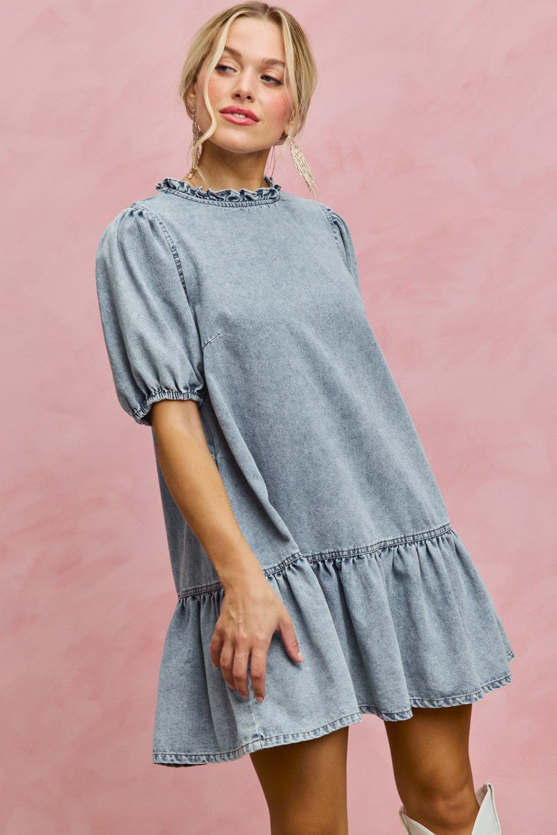 Denim Short Sleeves Mini Tiered Dress for Women