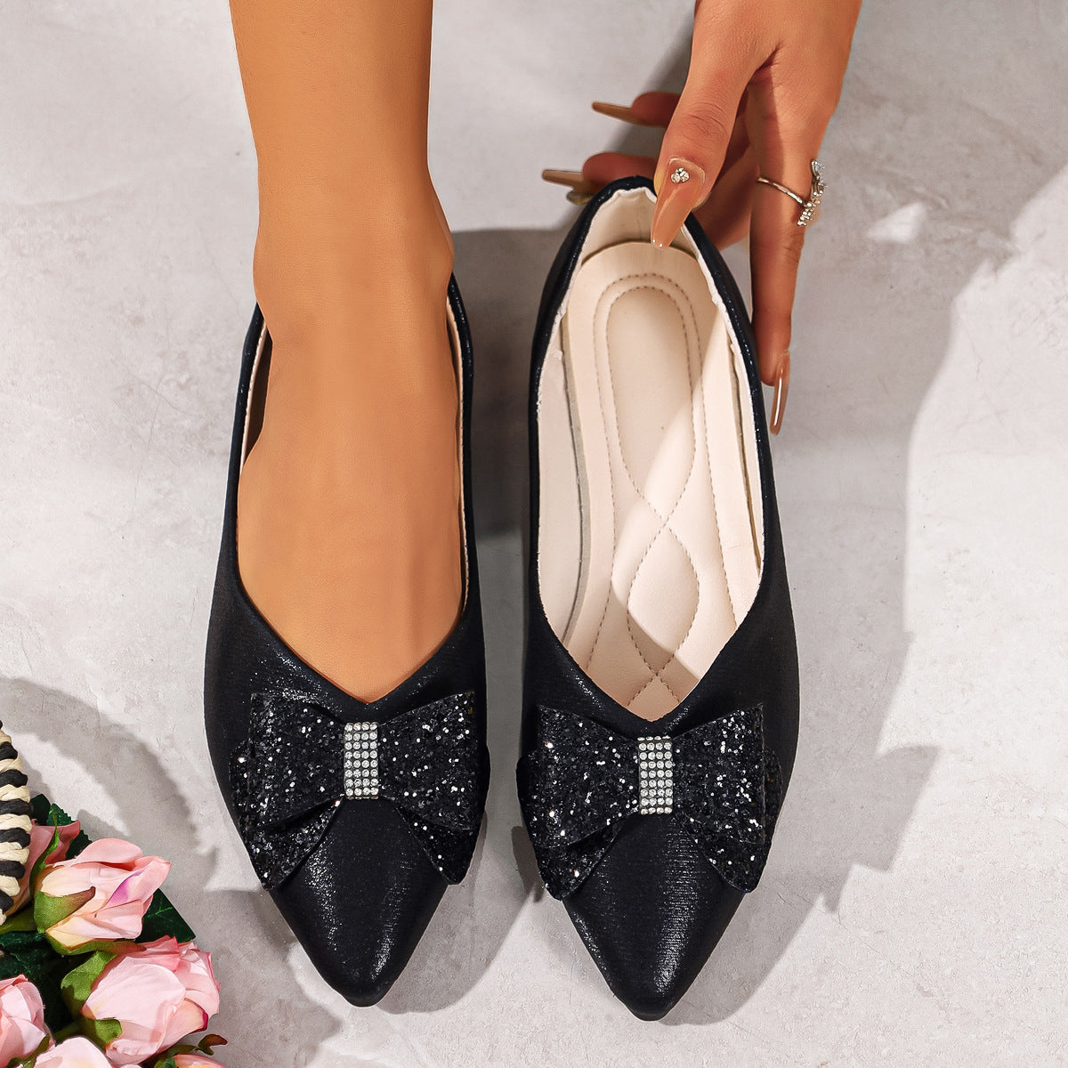 Bow Point Toe Slip-Ons in Black for Women
