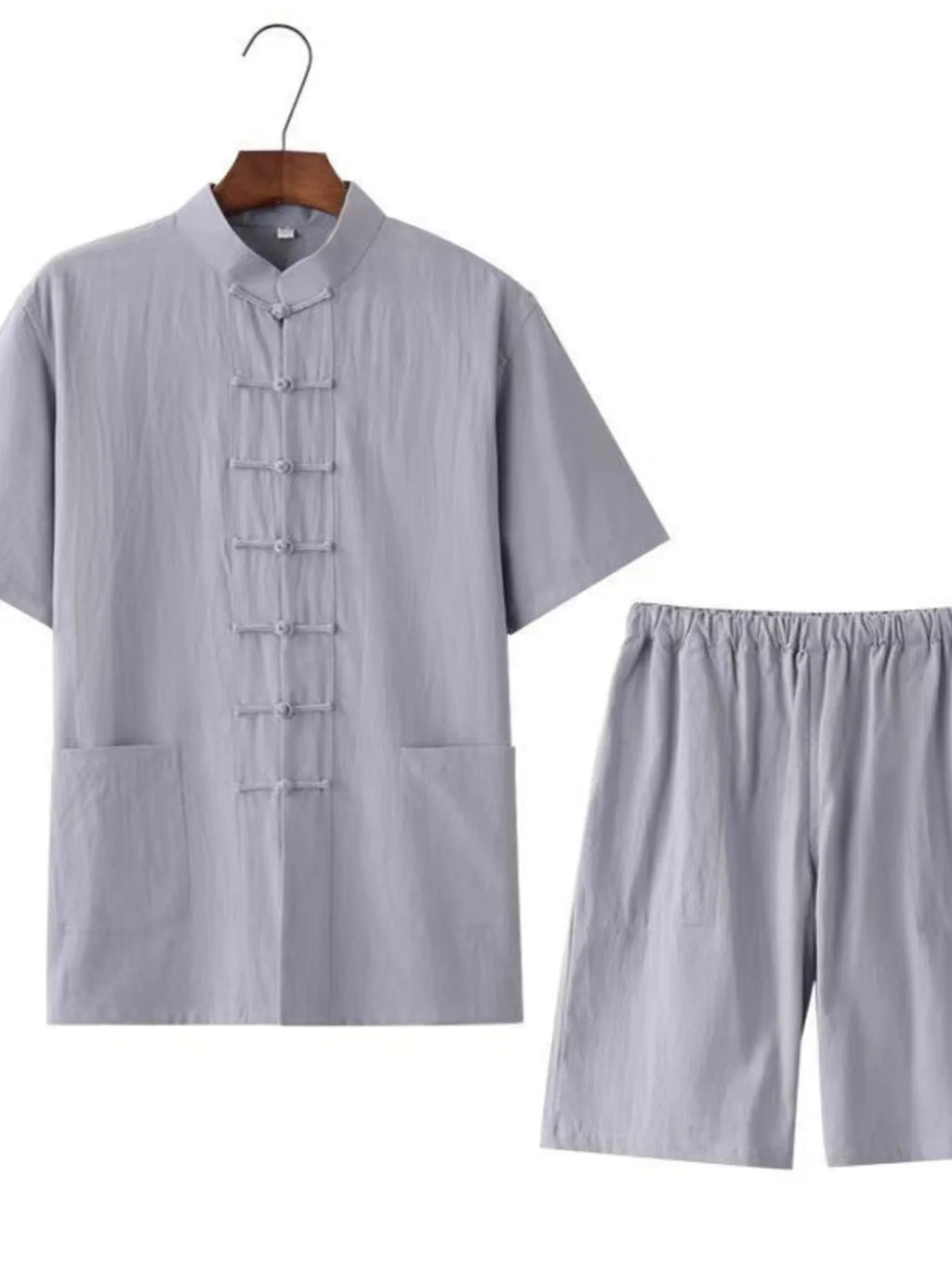Plus Size Chinese Style Top and Shorts Set in White for Men