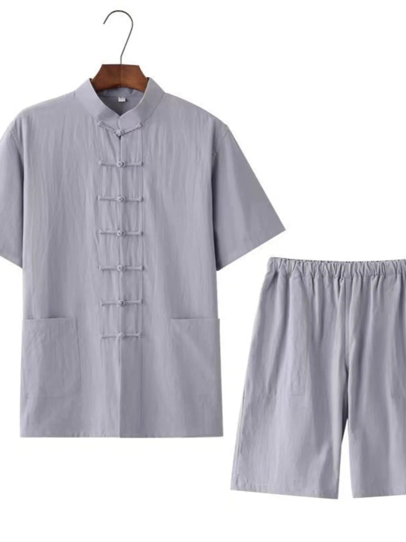 Plus Size Chinese Style Top and Shorts Set in White for Men