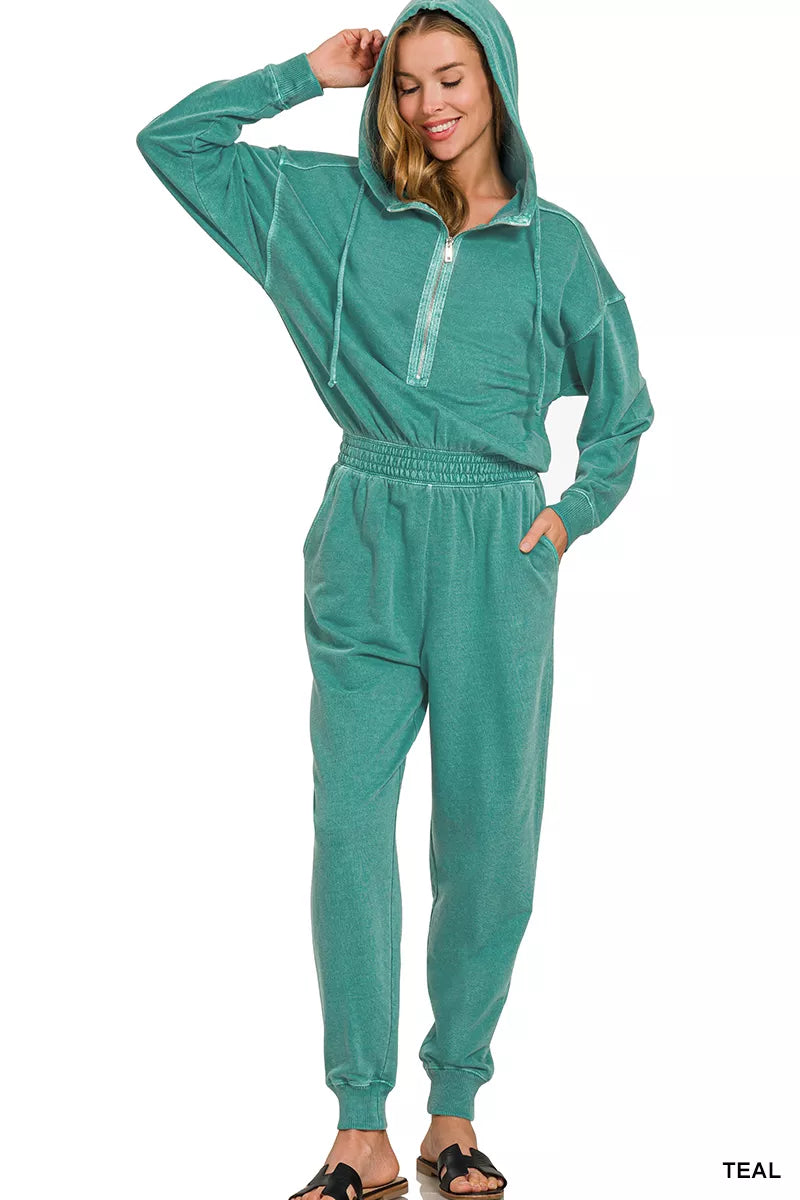 Enzyme Washed French Terry Jumpsuit in Teal for Women