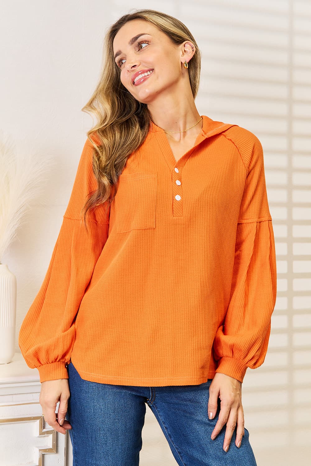 Side Slit Buttoned Waffle Knit Hoodie in Orange for Women