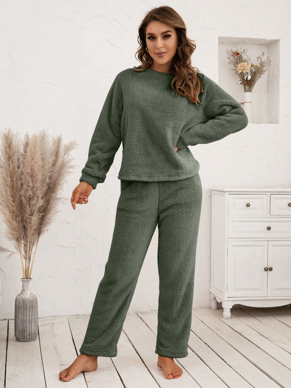 Ivy Lane Teddy Long Sleeve Top and Pants Lounge Set in Dark Blue for Women