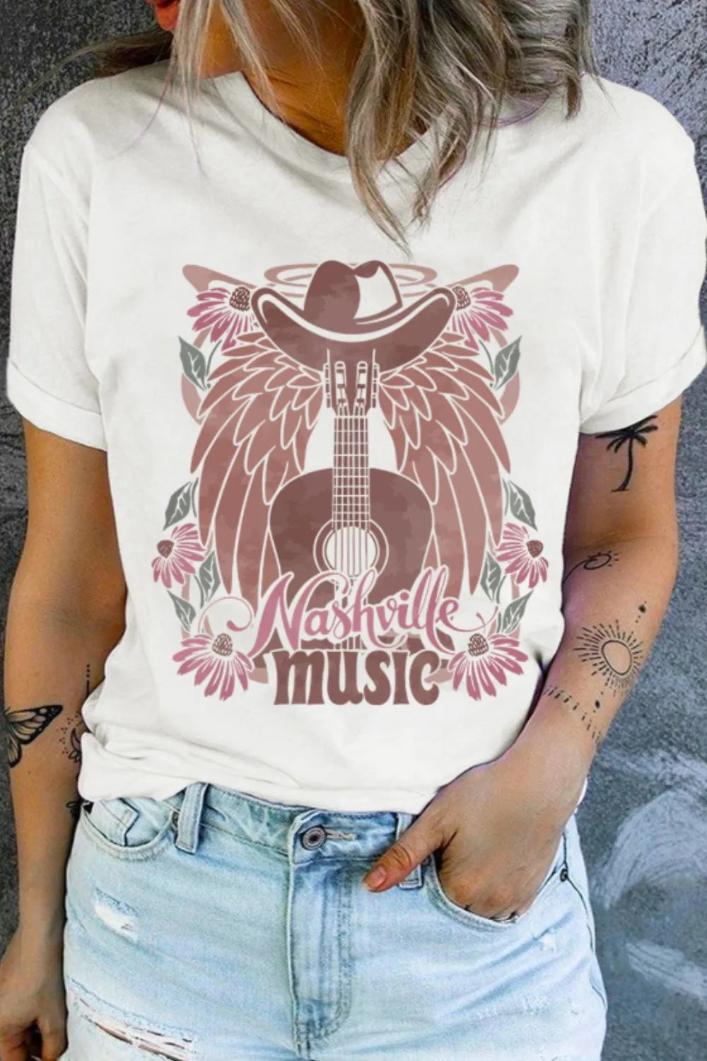Nashville Music Guitar Wings Graphic Round Neck T-Shirt in White for Women