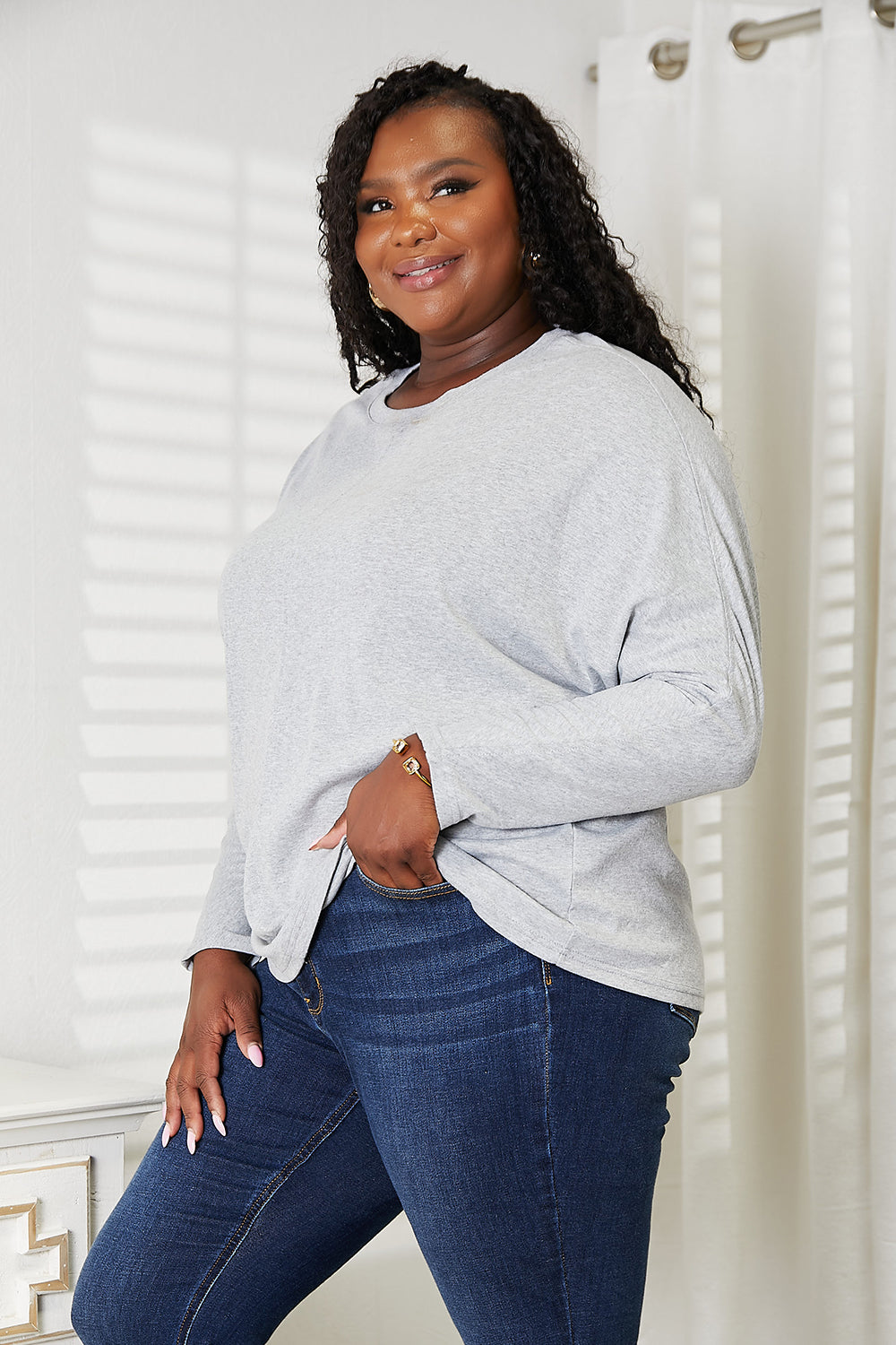 Seam Detail Round Neck Long Sleeve Top for Women