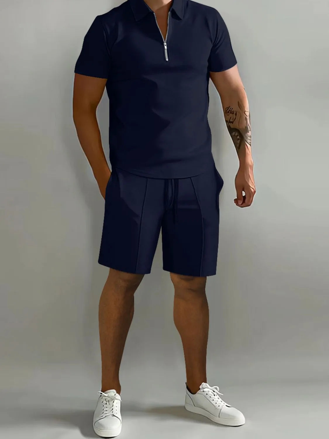 Collared Neck Short Sleeve Top and Shorts Set Plus Size in Gray for Men