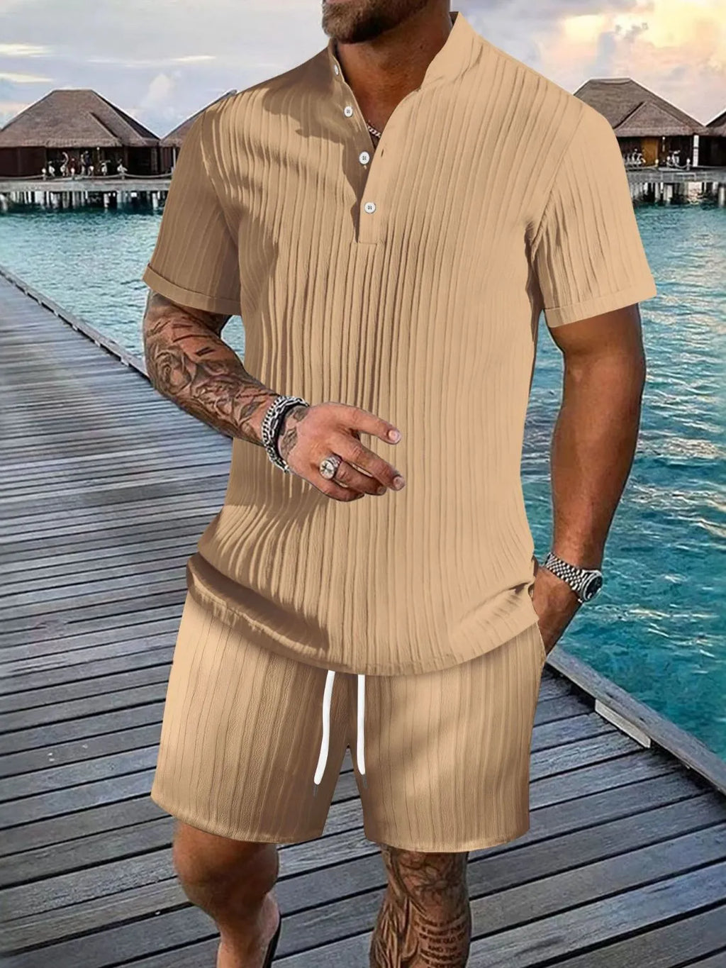Button Detail Short Sleeve Top and Shorts Set Plus Size in White for Men