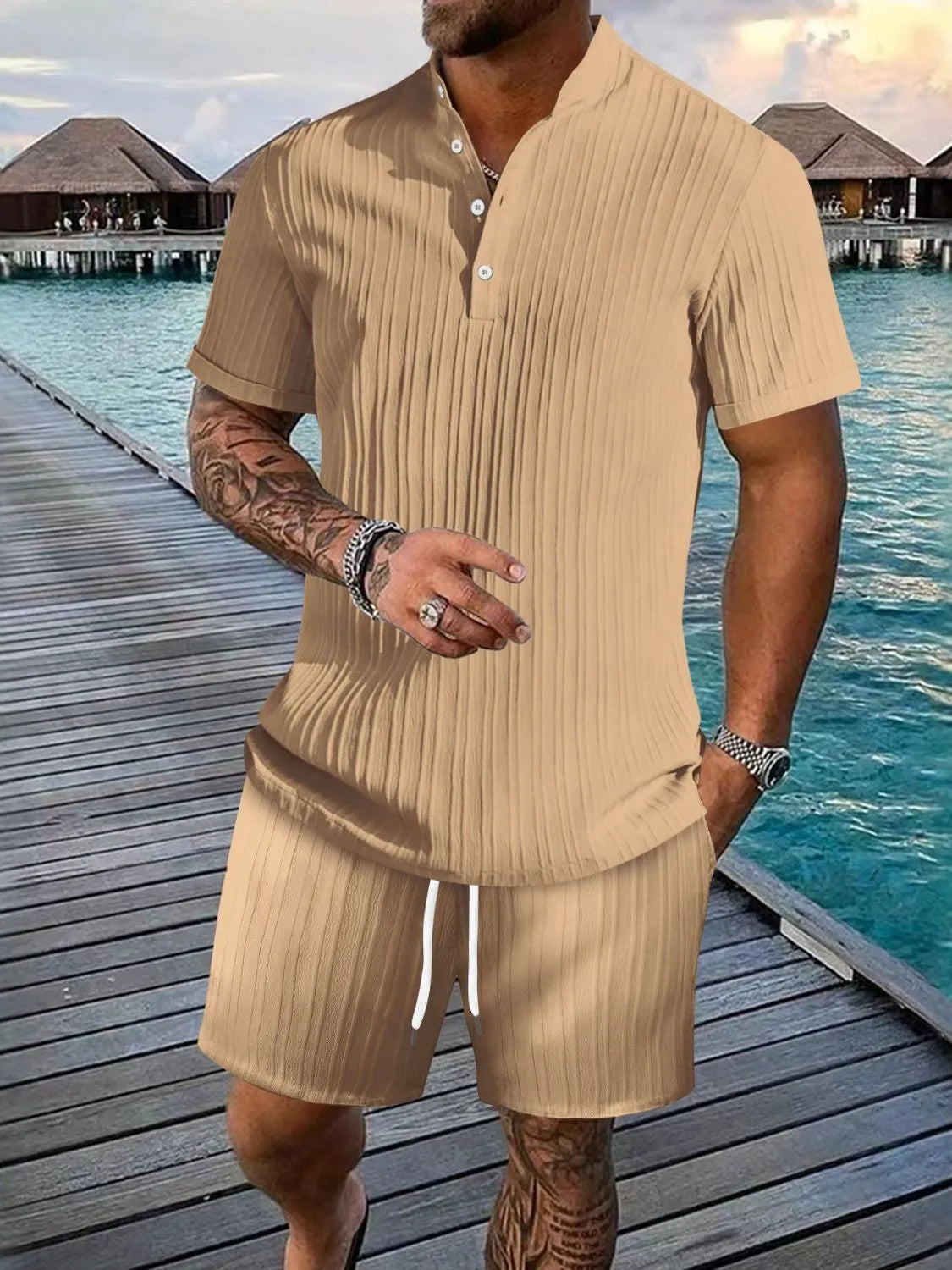 Button Detail Short Sleeve Top and Shorts Set Plus Size in White for Men