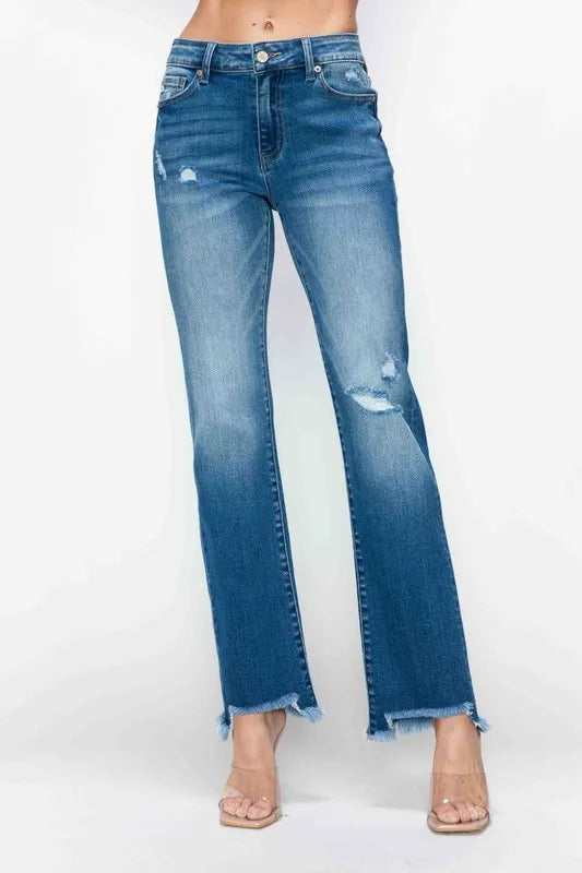 Plus Size Raw Hem Distressed Mid Rise Straight Jeans in Medium for Women