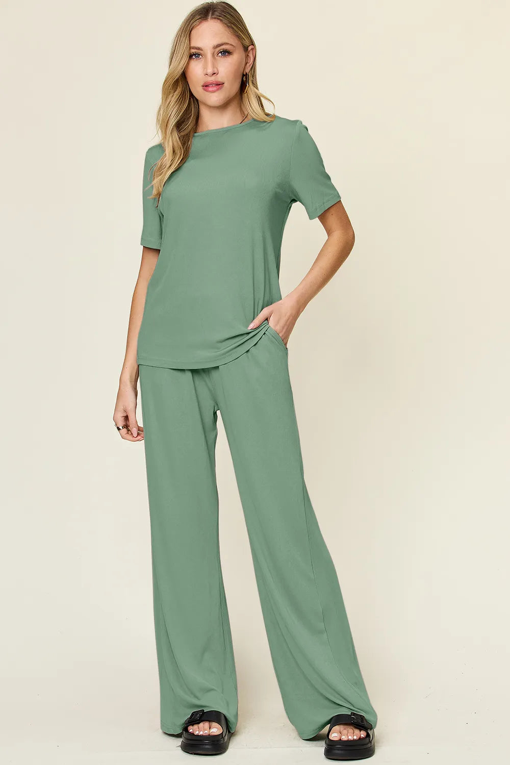 Plus Size Round Neck Short Sleeve T-Shirt and Wide Leg Pants Set in Light Green for Women