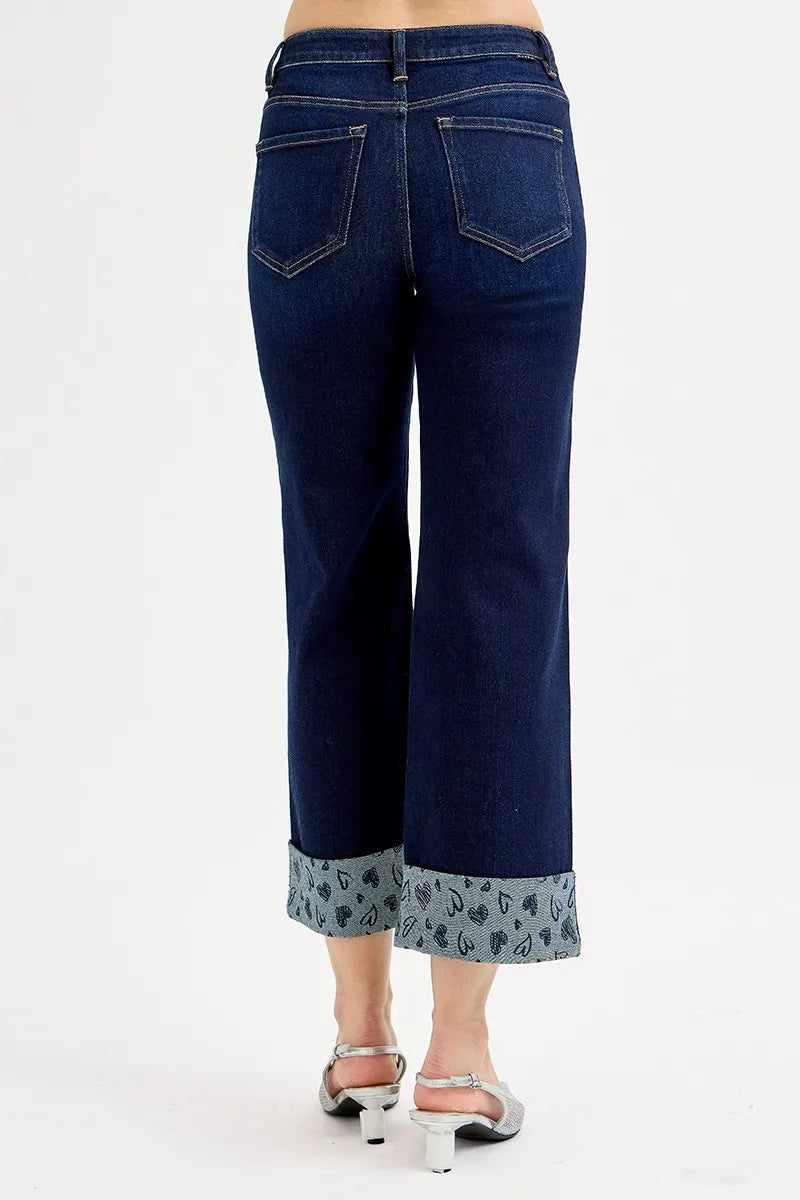 Mid Rise Fit Crop Wide with Printed Cuff Jeans Plus Size in Dark for Women