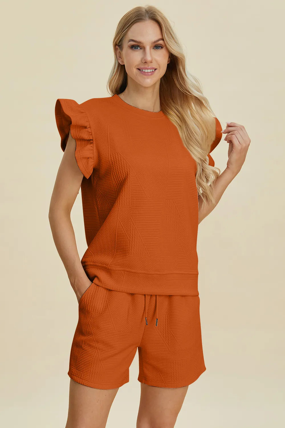 Plus Size Texture Round Neck Ruffle Sleeve Top and Shorts Set in Black for Women