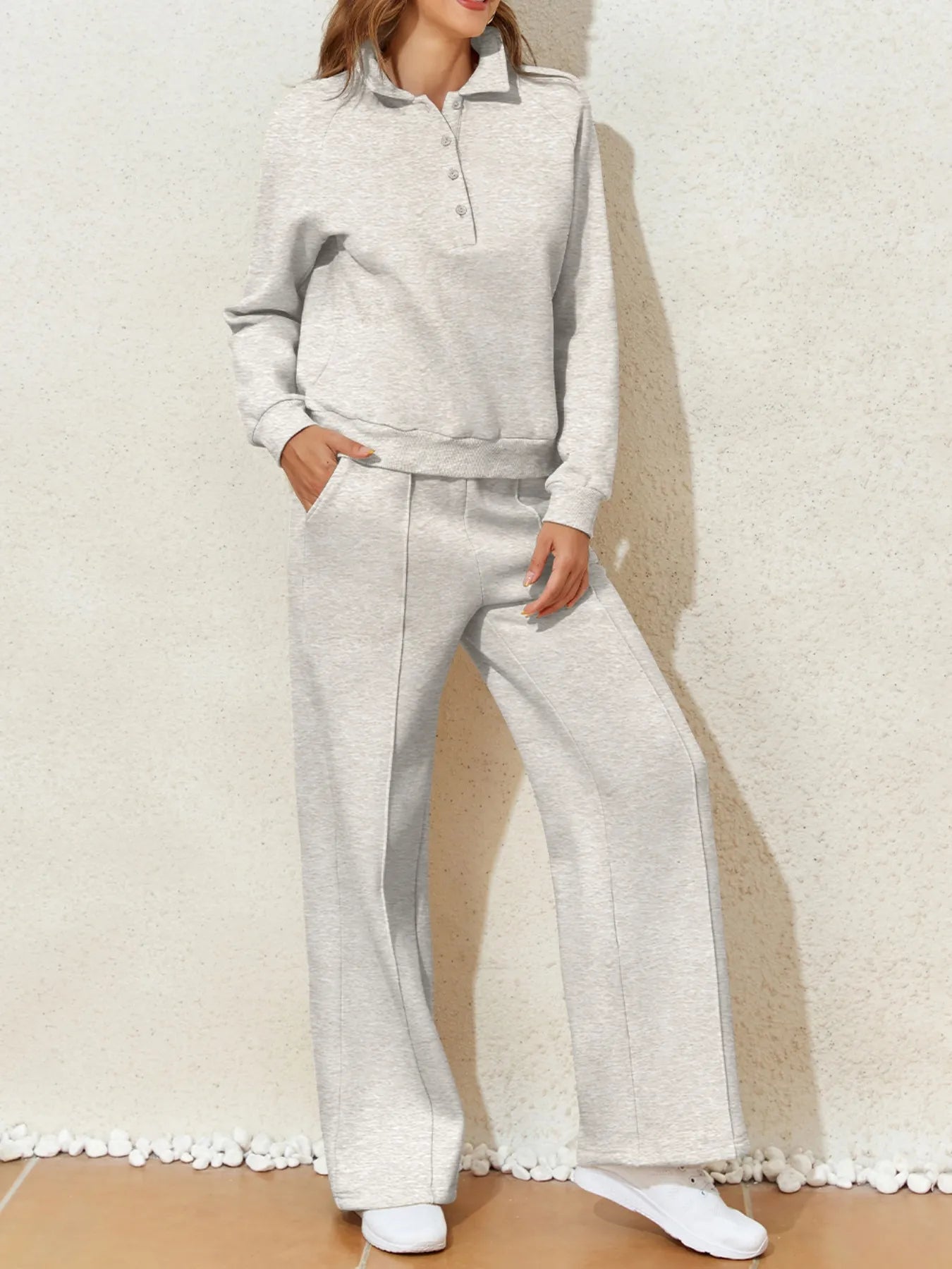 Collared Sweatshirt and High Waist Pants Active Set in Light Gray for Women