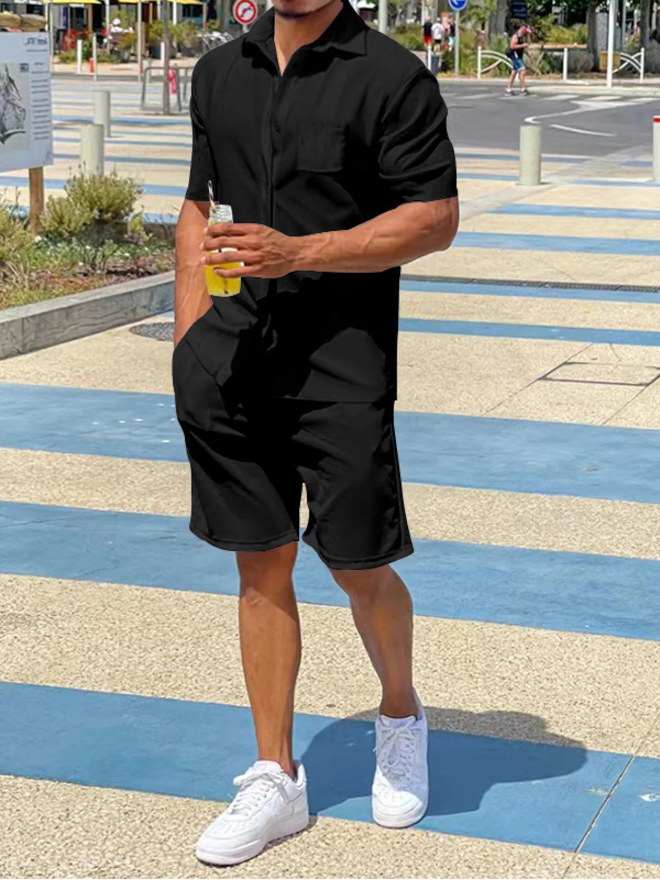Plus Size Button Up Shirt and Shorts Set in White for Men