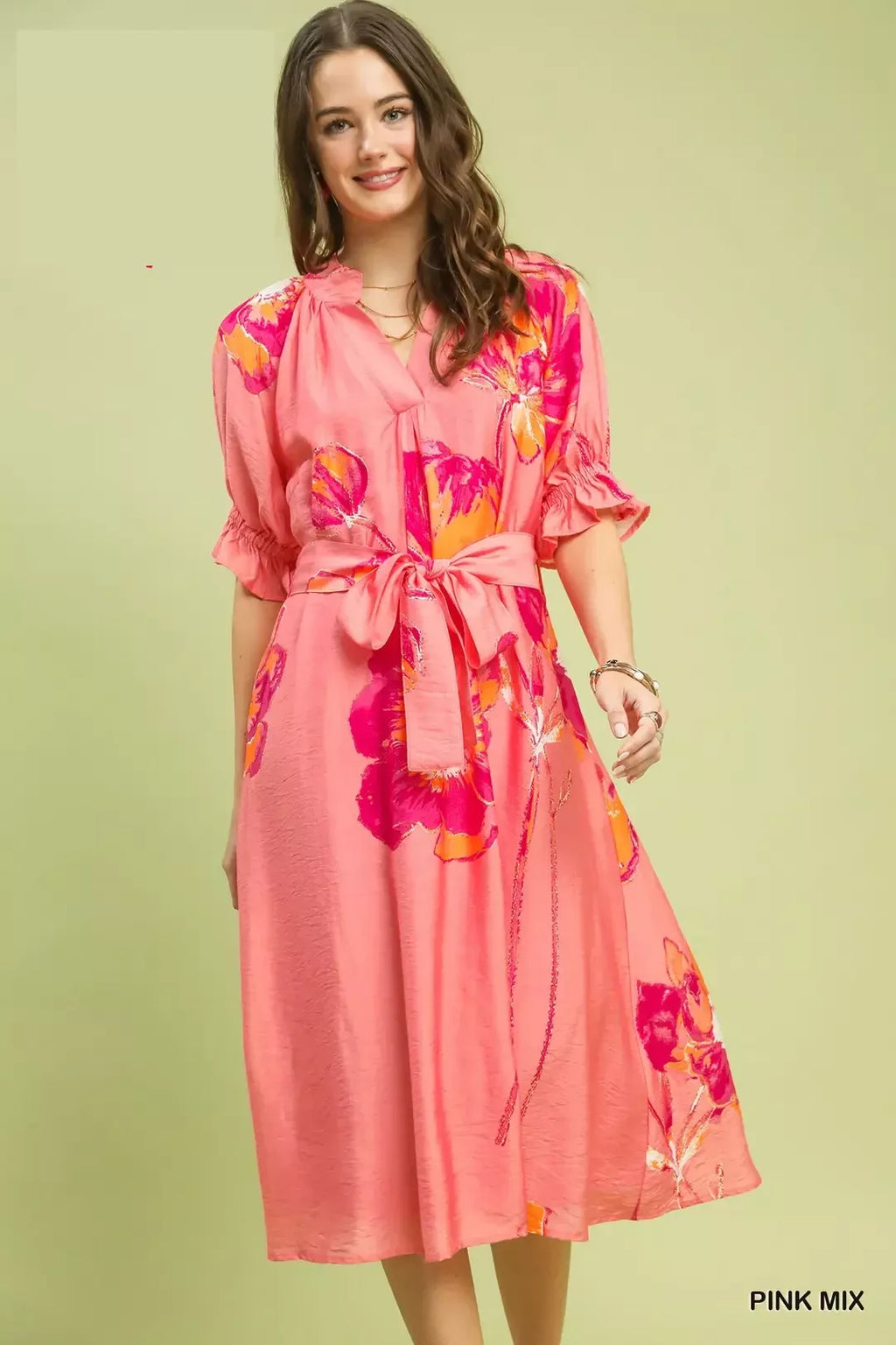 Floral Flounce Sleeve Midi Dress with Belted in Pinkmix for Women