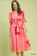 Floral Flounce Sleeve Midi Dress with Belted in Pinkmix for Women
