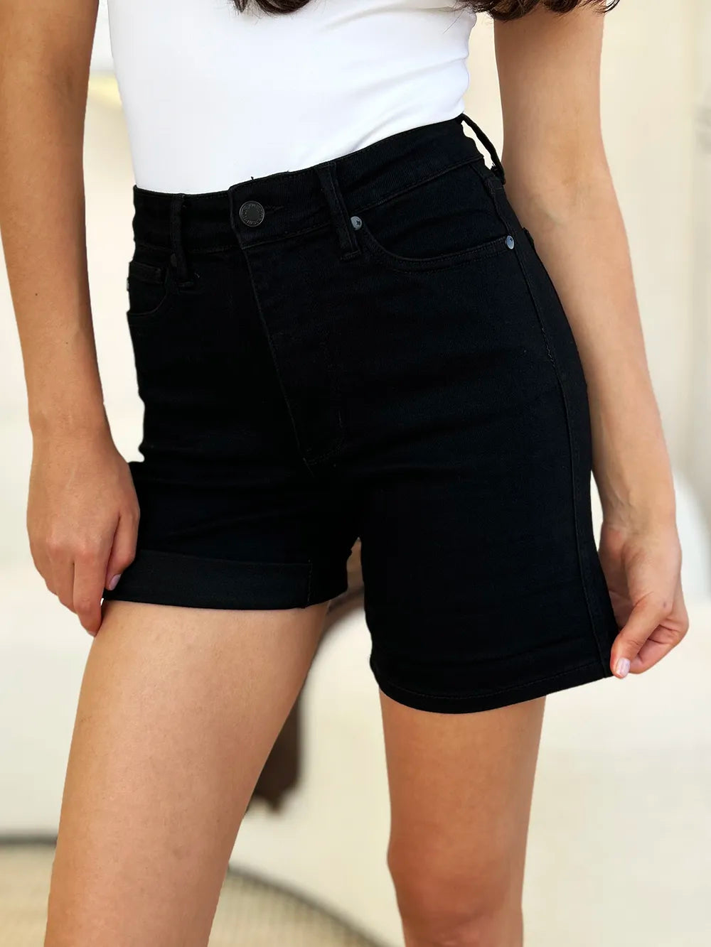 Plus Size High Waist Tummy Control Cuffed Denim Shorts for Women
