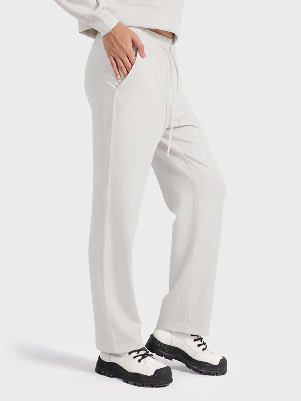 Drawstring Pocketed Sport Pants in Ivory for Women