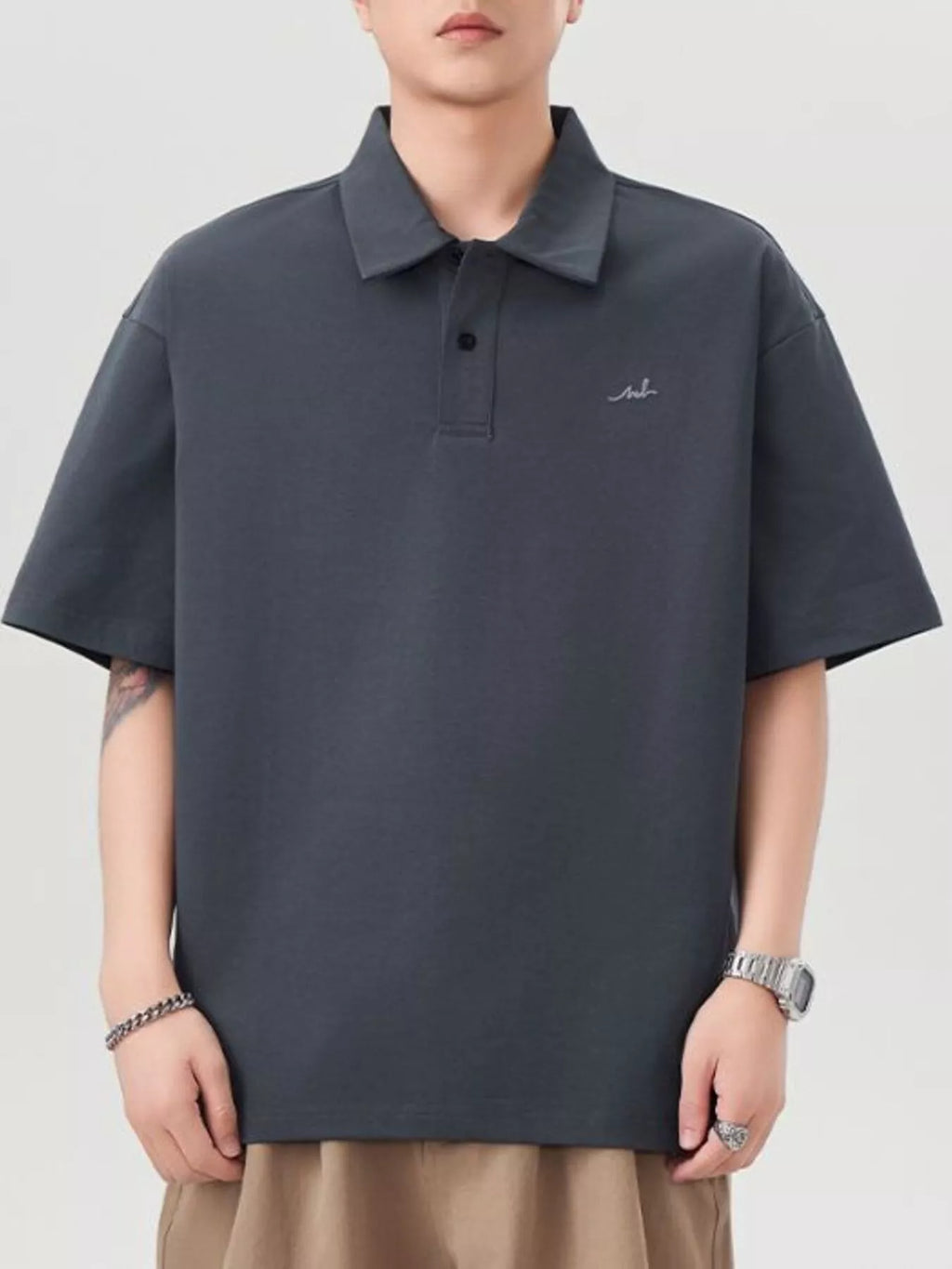 Plus Size Button Detail Short Sleeve Polo in Military Green for Men