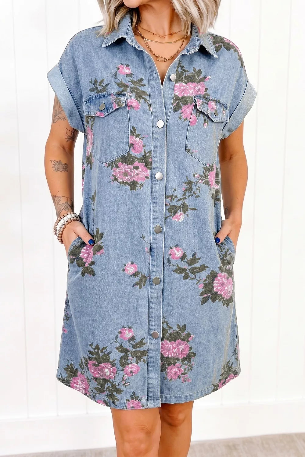 Floral Print Denim Shirt Dress in Medium for Women