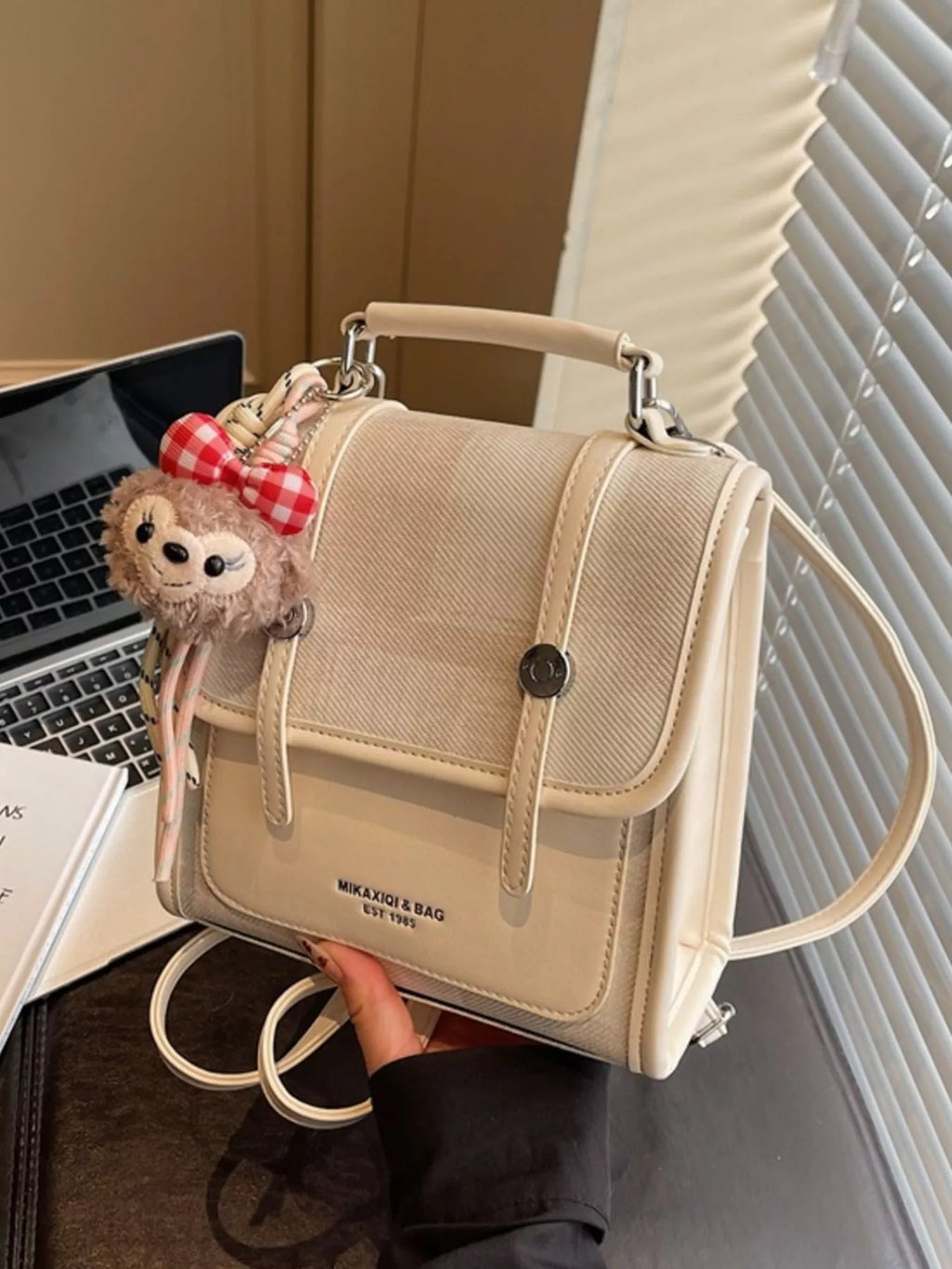 Flap Backpack Bag with Plush Charm for Women