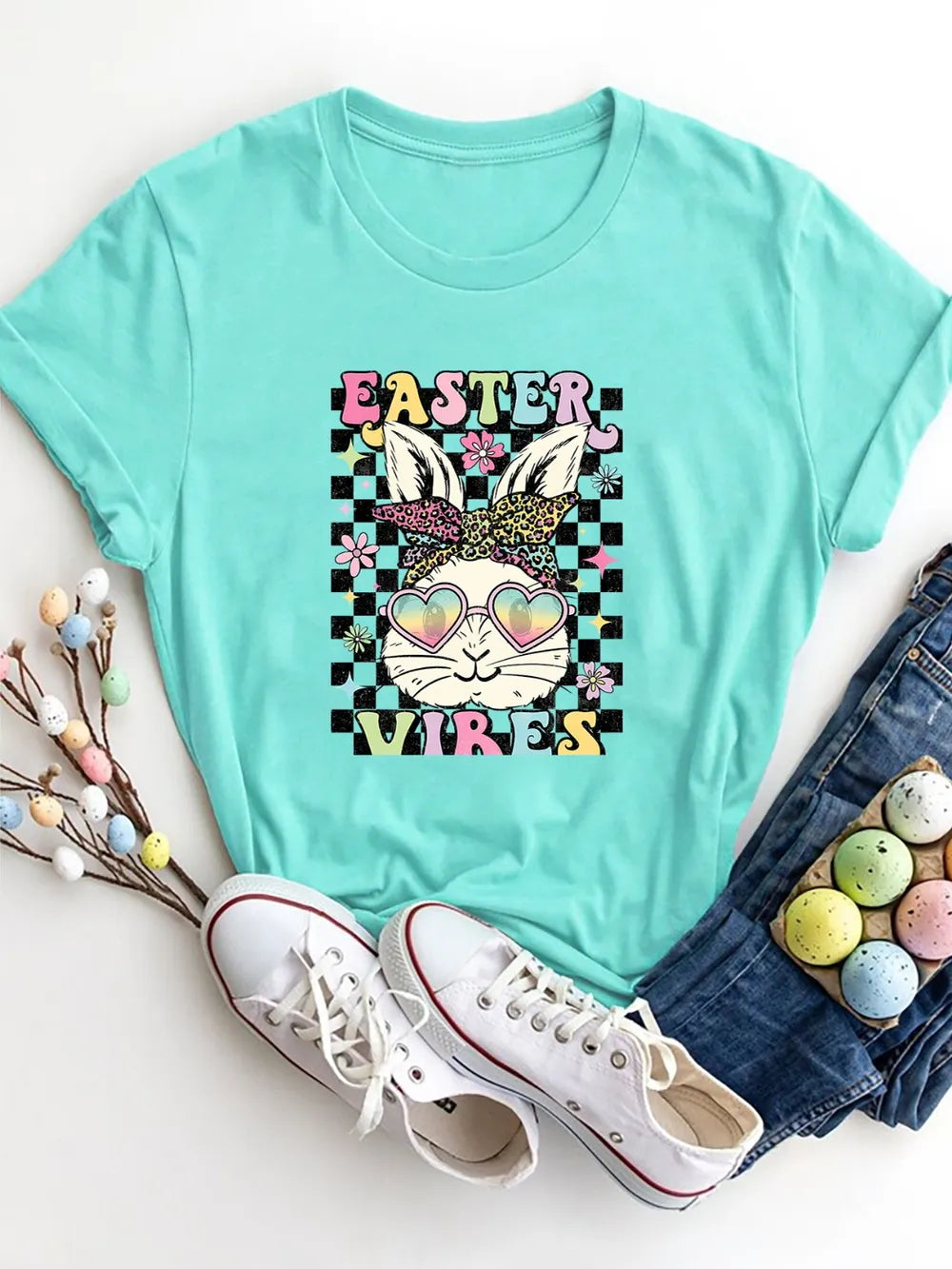 Easter Vibes Round Neck Short Sleeve T-Shirt in Black for Women