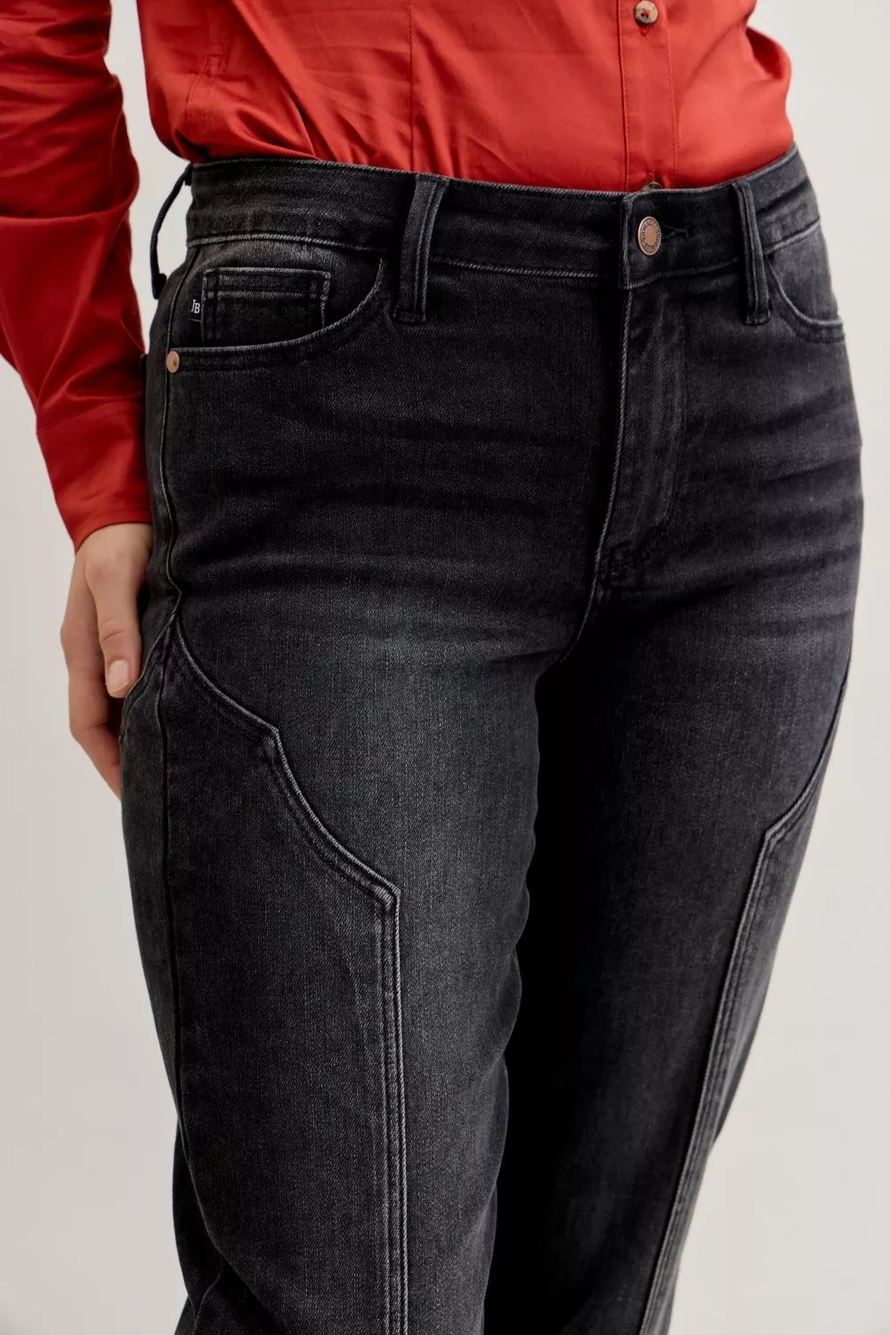 Mid Rise Straight Western Seam Detail Jeans in Bk for Women