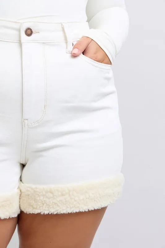 High Waist Shearling Cuff Denim Shorts Plus Size for Women