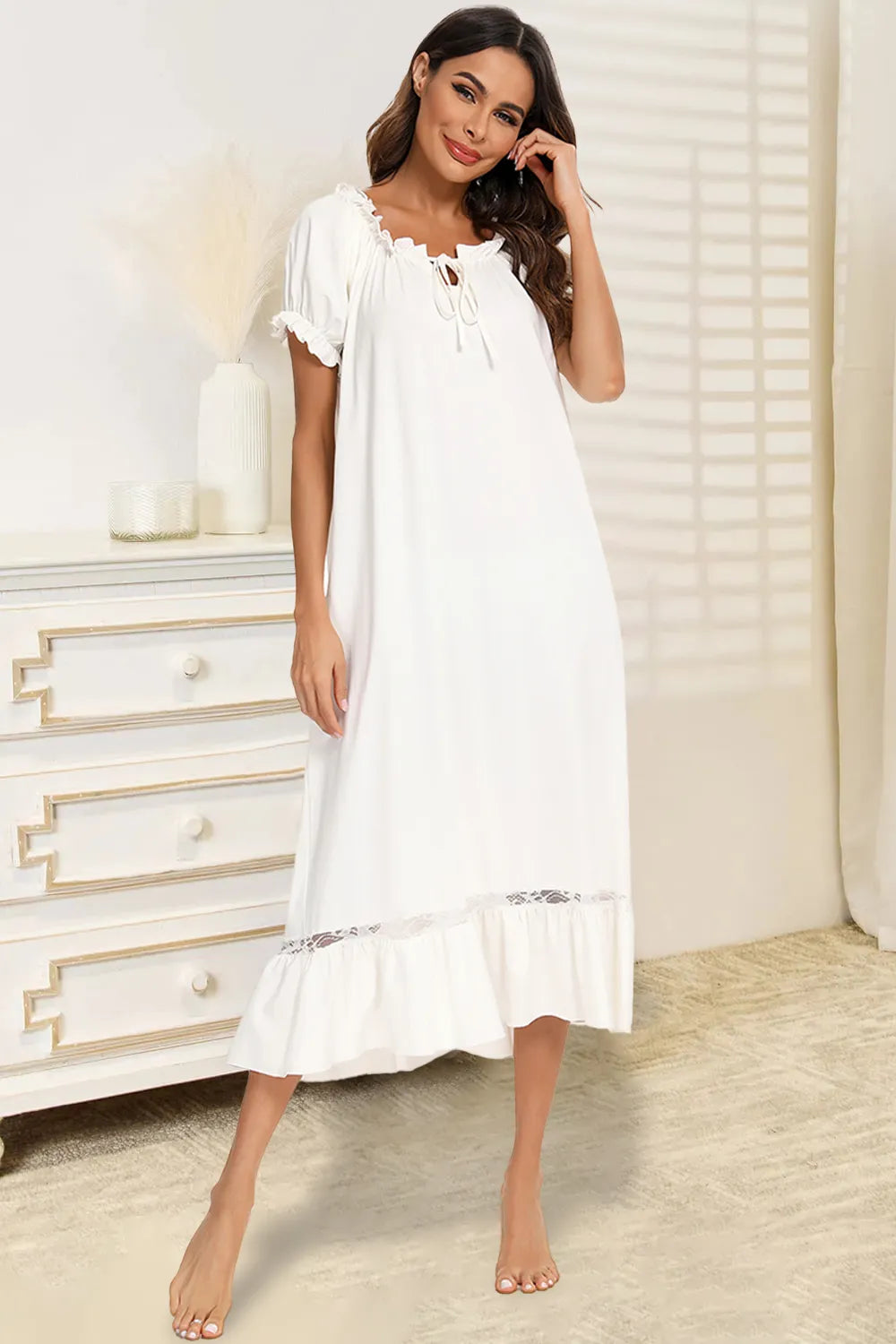 Lace Detail Short Sleeve Lounge Dress in White for Women