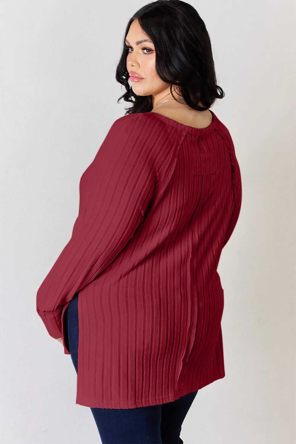 Plus Size Ribbed Round Neck Slit T-Shirt in Light Yellow for Women