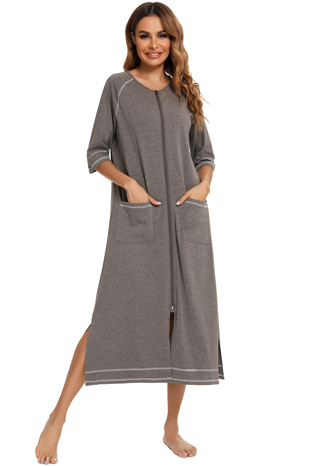 Zip Up Slit Round Neck Night Dress with Pockets in Violet for Women