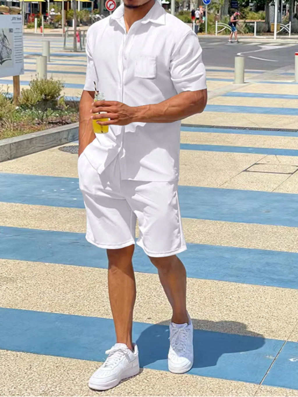 Plus Size Button Up Shirt and Shorts Set in White for Men
