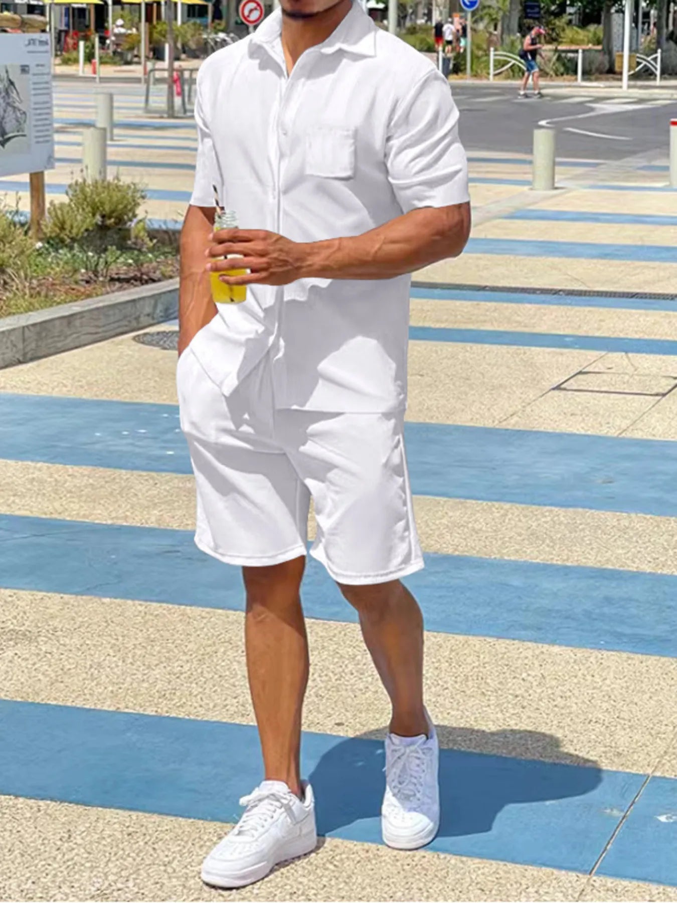 Plus Size Button Up Shirt and Shorts Set in White for Men