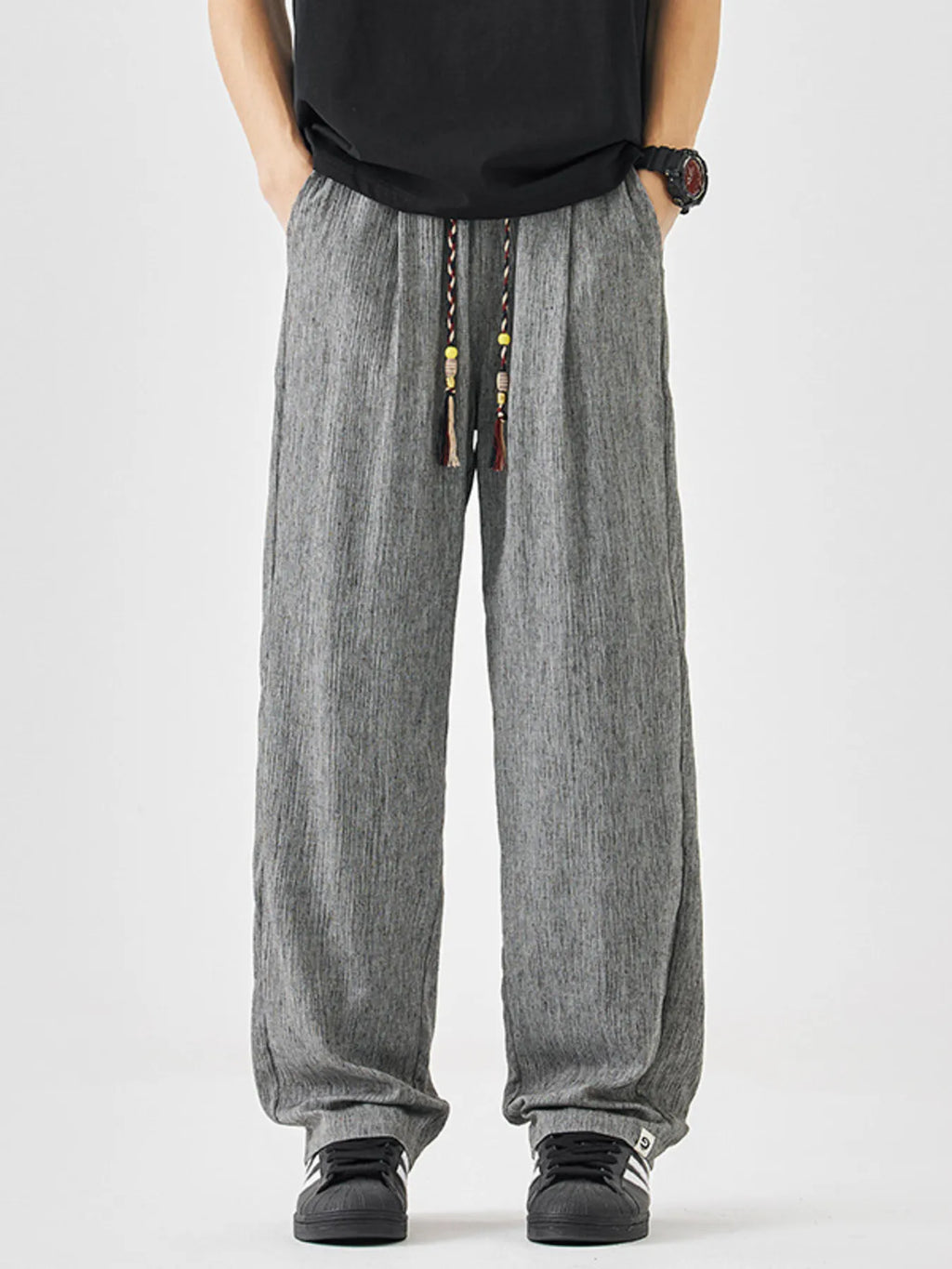 Plus Size Loose Fit Drawstring Pants in Black for Men
