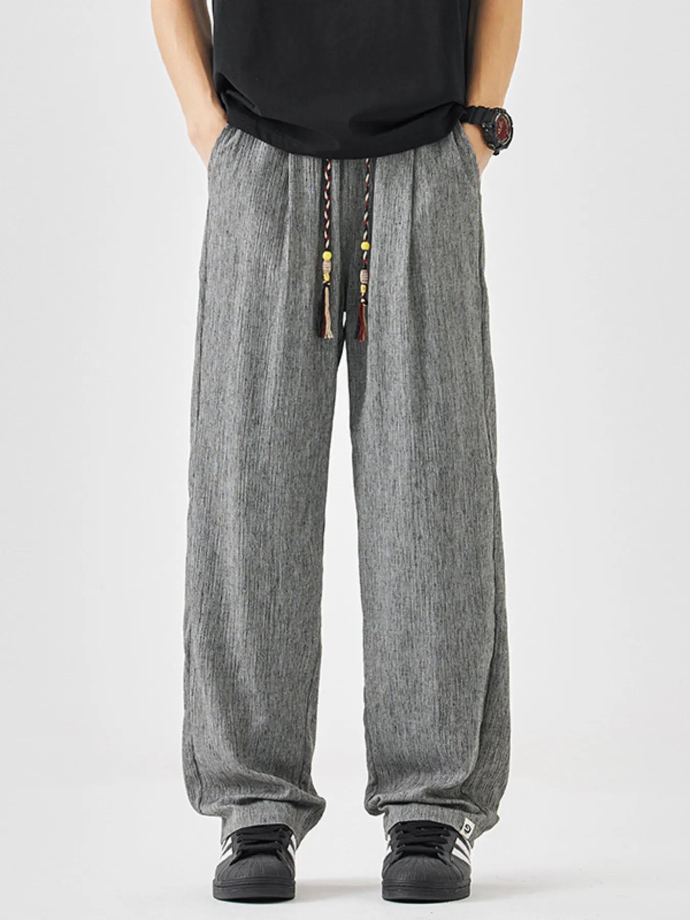 Plus Size Loose Fit Drawstring Pants in Black for Men