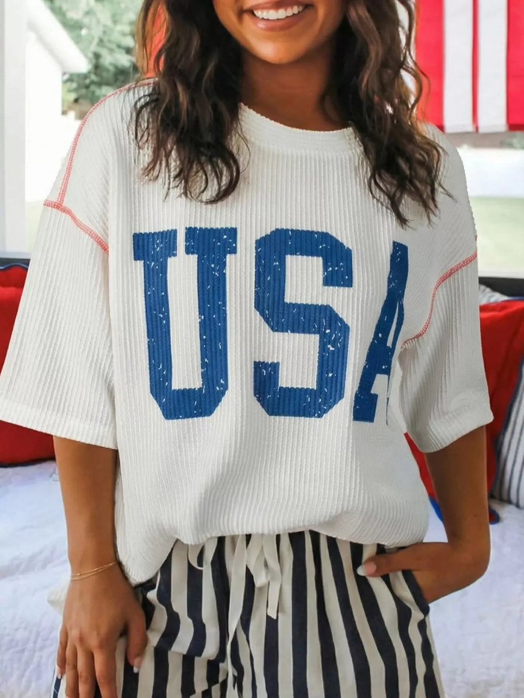 USA Graphic Half Sleeve Loose Ribbed Top in White for Women