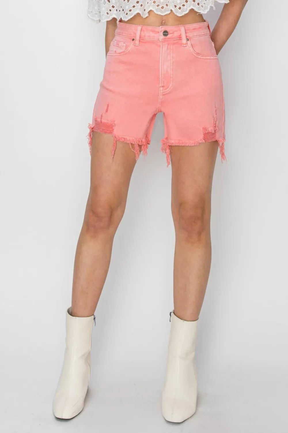 High Rise Distressed Denim Shorts in Flamingo for Women