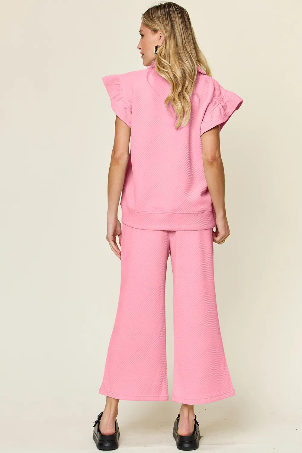 Texture Ruffle Short Sleeve Top and Drawstring Wide Leg Pants Set in Light Gray for Women