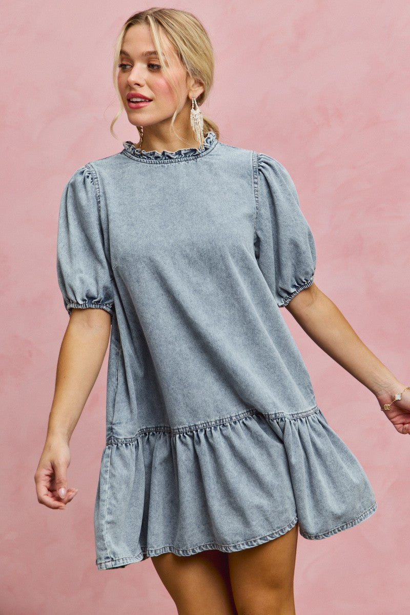 Denim Short Sleeves Mini Tiered Dress for Women