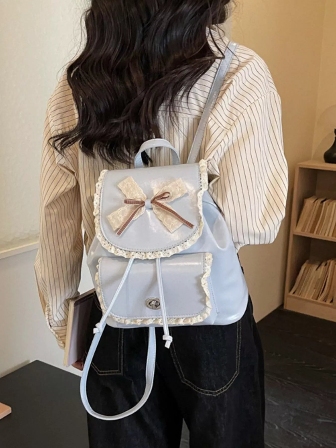 Lace Trim Bow Decor Backpack Bag for Women