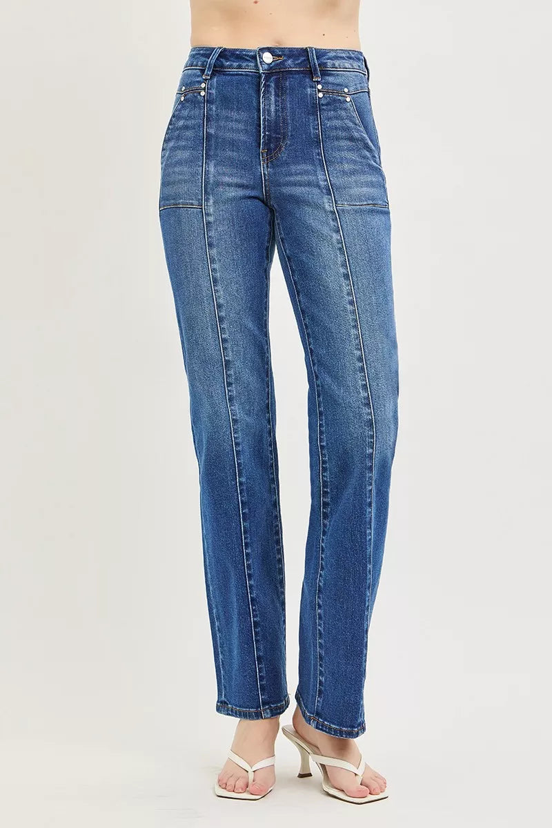 High Rise Straight Patch Pocket Seamed Jeans in Dark for Women