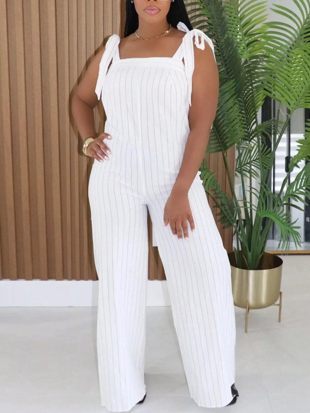 Striped Tie-Shoulder Wide Leg Jumpsuit in White for Women