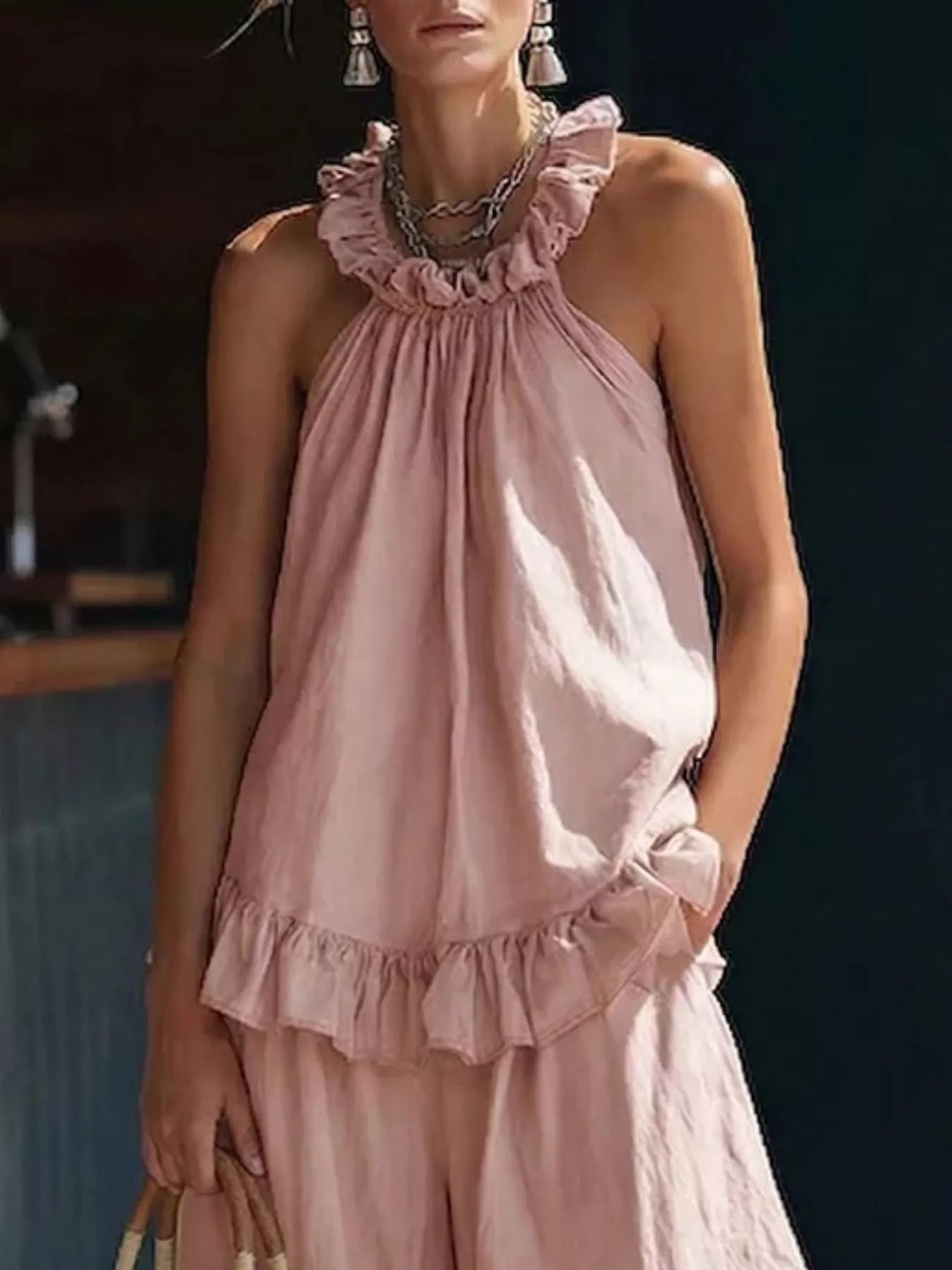 Plus Size Ruffled Halter Neck Top and Wide Leg Pants Set in Apricot for Women