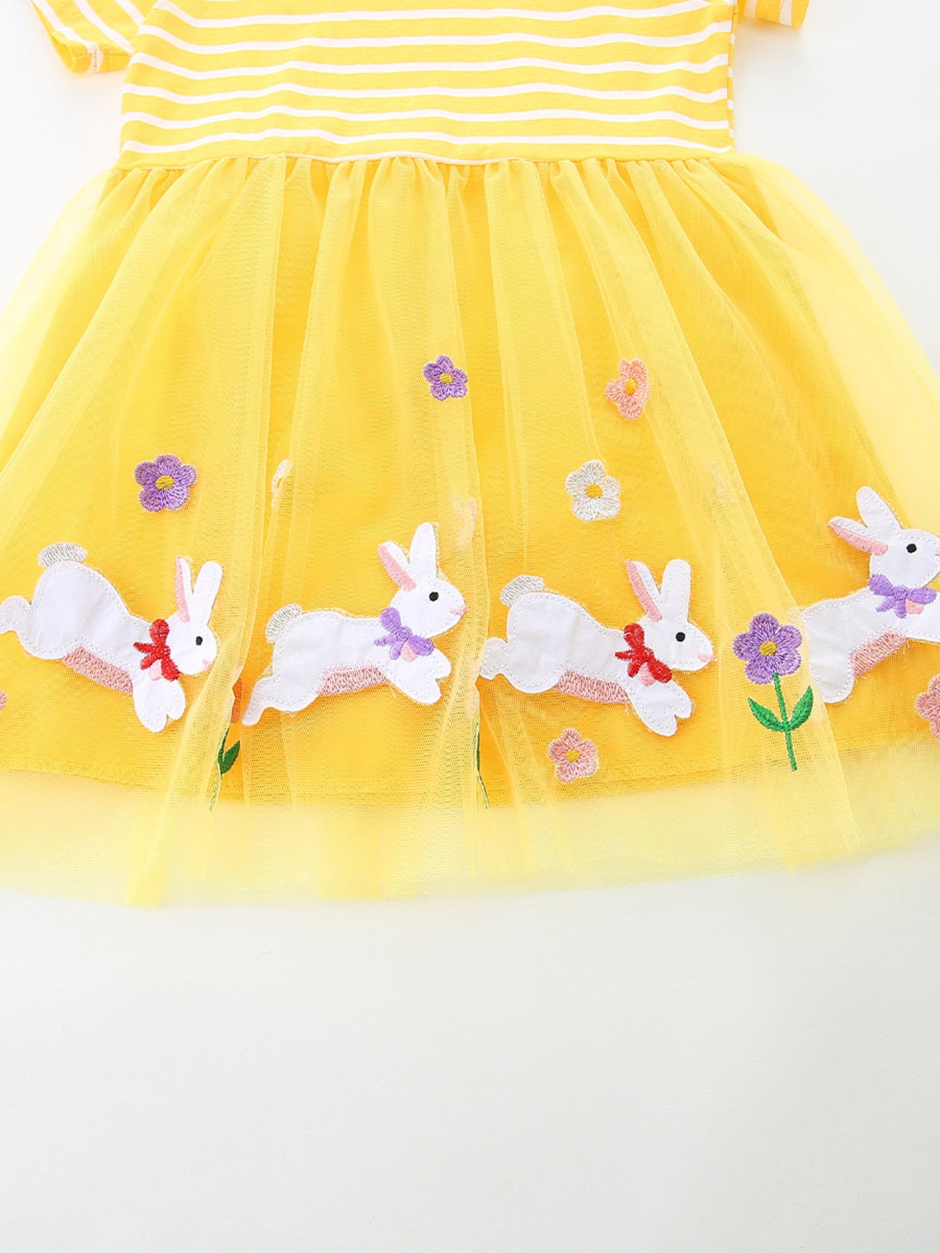 Bunny & Floral Striped Tulle Dress in Yellow for Girls