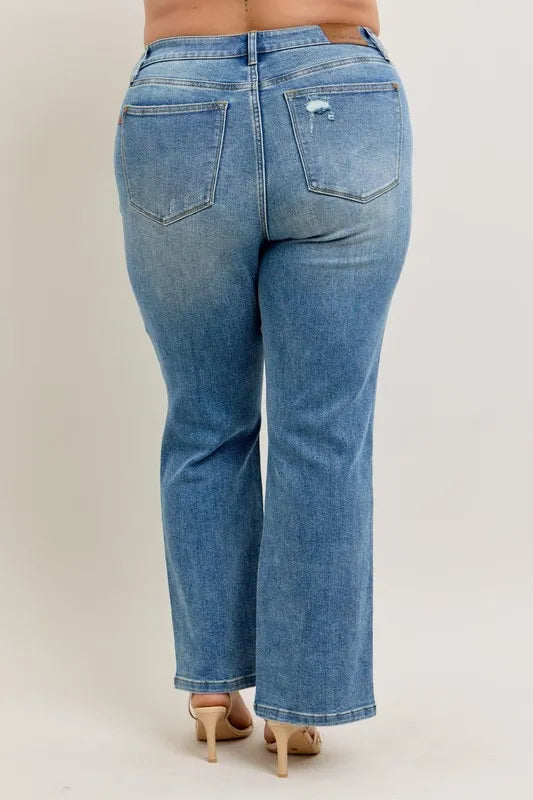 High Waist Vintage Wash Front Seam & Slit Straight Plus Size in Md for Women